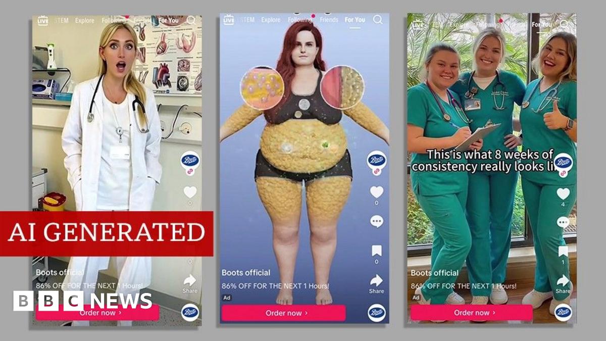 Three screenshots of TikTok videos side-by-side. On the left, a young woman wearing a doctor's jacket in a doctor's office stands with her mouth agape. In the middle, a cartoon of an obese woman with the fat cells highlighted. On the right, three young women in scrubs smiling.