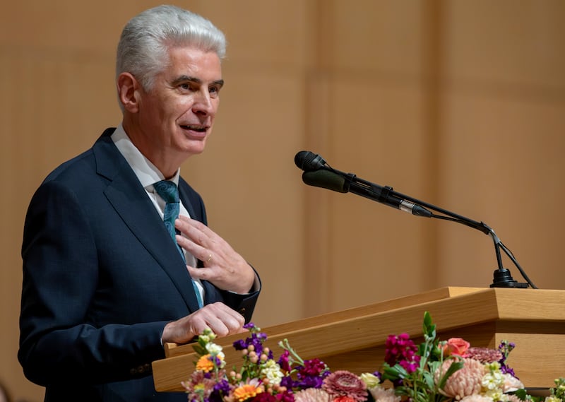 Elder Gérald Caussé of the Quorum of the Twelve Apostles speaks during the dedication of the Logan Institute of Religion on Sunday, Nov. 23, 2025.