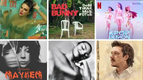 Album covers showing Taylor Swift, Bad Bunny, Olivia Dean, Morgan Wallen, Lady Gaga and Kpop Demon Hunters