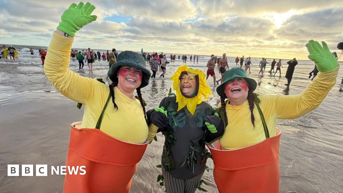 Three women standing in the sea. The woman in the middle is dressed as a sunflower and smiling. The two on either side of her are dressed as plant pot with braces holding up the pots. They have bright face paint on and are holding their arms in the air. People can be seen behind them in the sea. The sun is rising and the sky is covered in clouds.
