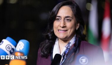 A photo of Anita Anand speaking in front of several media microphones. She has wavy black hair that sits below her shoulder, and she is wearing a purple blazer with a patterned, lilac scarf
