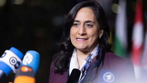 Getty Images A photo of Anita Anand speaking in front of several media microphones. She has wavy black hair that sits below her shoulder, and she is wearing a purple blazer with a patterned, lilac scarf