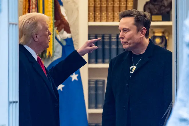 Angry Don Trump points at Elon Musk