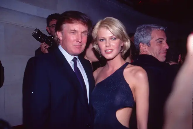 Donald Trump with model Ingrid Seynhaeve - and Jeffrey Epstein in the background