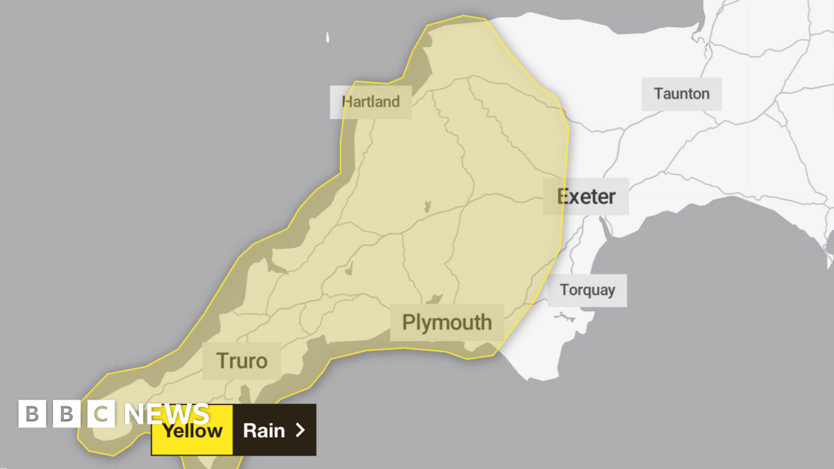 A map of the south west with a yellow ring around Cornwall and up to Exeter. It reads 'Yellow, Rain'. The map also labels Truro, Plymouth, Hartland, Exeter, Torquay and Taunton.