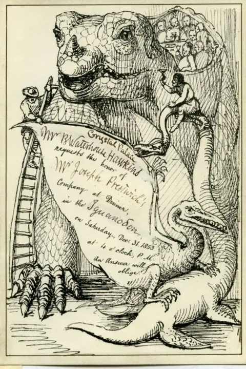 Hulton Archive via Getty Images Joseph Prestwich’s invitation to the Dinner in the Dinosaur by Benjamin Waterhouse Hawkins 1853 from the Archives of the Geological Society