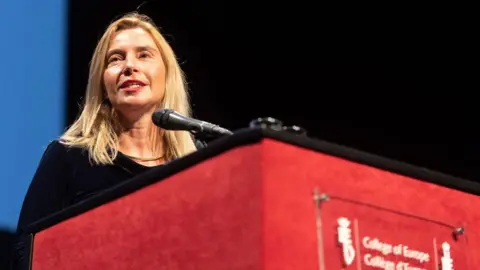 BELGA MAG/AFP A woman with blonde hair and a black dresss stands in front of a red lectern and a microphone