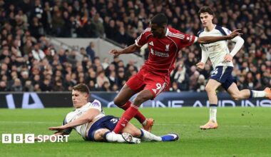 Tottenham defender Micky van de Ven tackles Liverpool's Alexander Isak as the Swede scores at Tottenham Hotspur Stadium