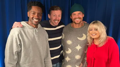 Professor Green and Ryan Libbey smiling with Parenting Download co-hosts Gunva B and Katie Thistleton