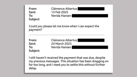 Graphic of emails sent to Nerida Hansen by Clémence Albertus. The first is sent by Ms Albertus on 13 February 2025 and says: "Could you please let me know when I can expect the payment?" The second email is sent by Ms Albertus on 24 March 2025: "I still haven't received the payment that was due, despite my previous messages. This situation has been dragging on for too long, and I need you to settle this without further delay."