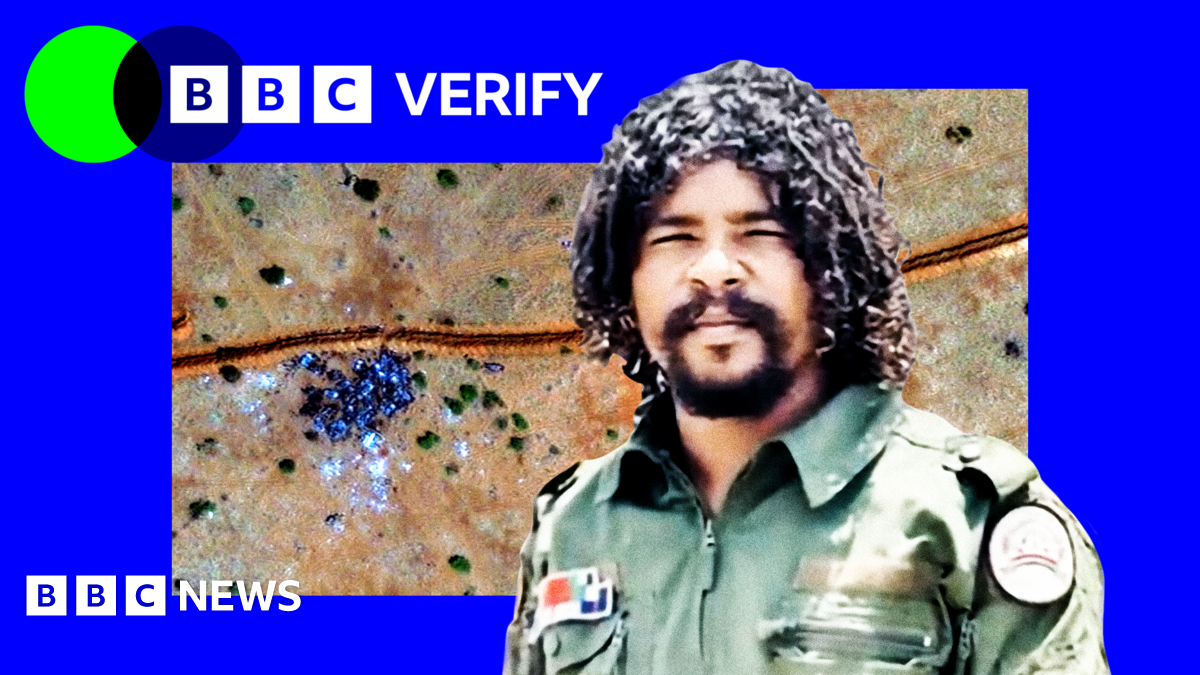 Abu Lulu imposed over a scene from the massacre near el-Fasher.