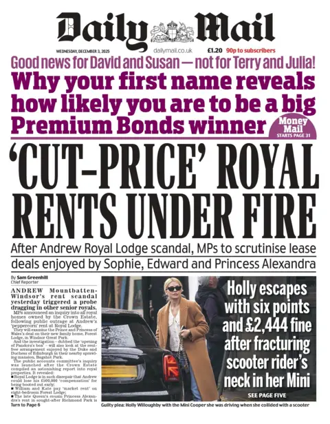 "'Cut-price' royal rents under fire" reads the headline on the front page of the Daily Mail.