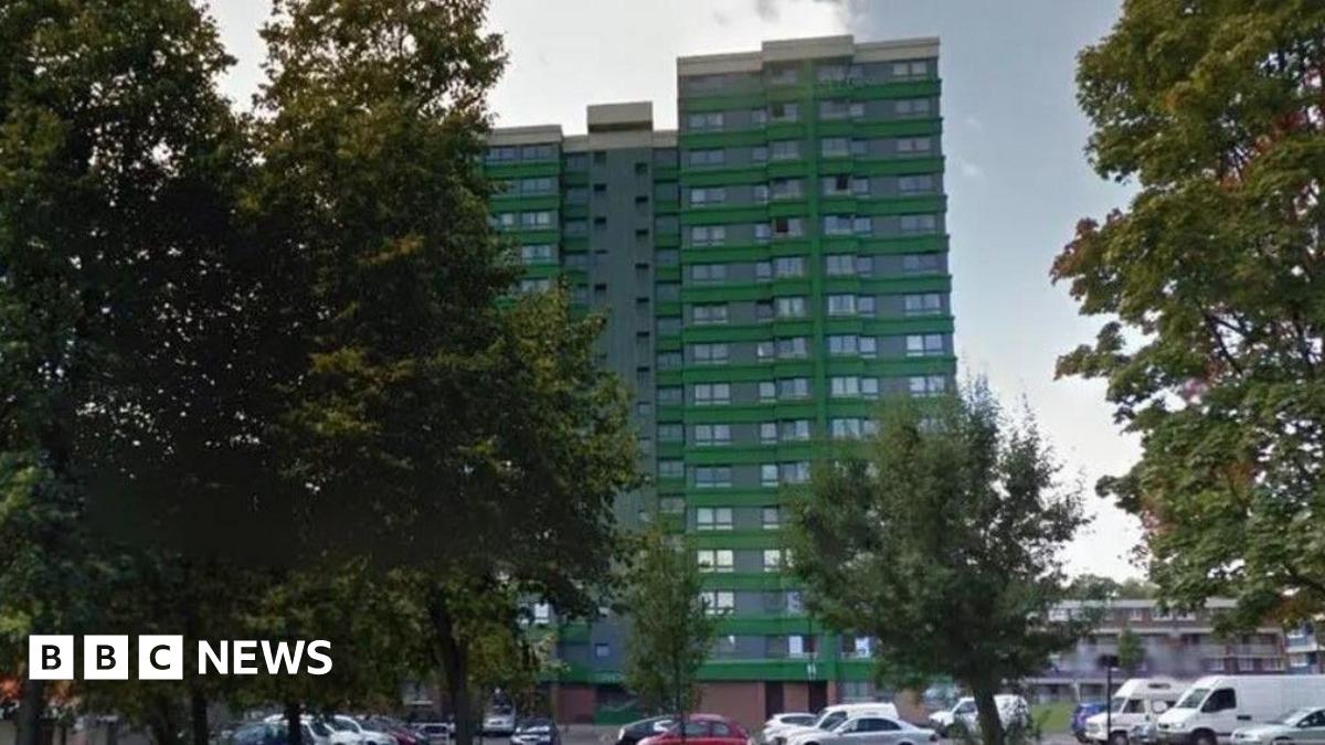 An image of a tower block.  There are trees in the foreground. The tower block has green and grey facings and is 15 storeys high.