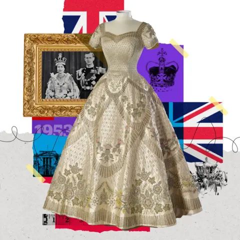 Queen Fashion illustration - includes image of the Queen's golden embroidered Coronation dress, which features short sleeves and a voluminous full-length skirt, pictured on a mannequin in a studio