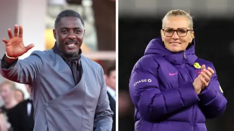 Getty Images/Catherine Ivill-AMA Two individuals shown side by side in separate frames. Idris Elba is wearing a grey suit jacket with a diagonal wrap design and is raising one hand to wave. Sarina Wiegman is wearing a thick purple sports jacket with visible England logos while clapping her hands together.