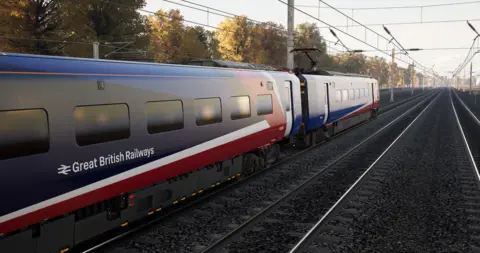 Department for Transport A shot of a train with the Great British Railways branding on its side - the photo has been taken during golden hour lighting, with light from the sun highlighting trees at the side of the track - the picture has been taken in such a way that we see the train as it moves down the tracks, with two rail cars in shot 
