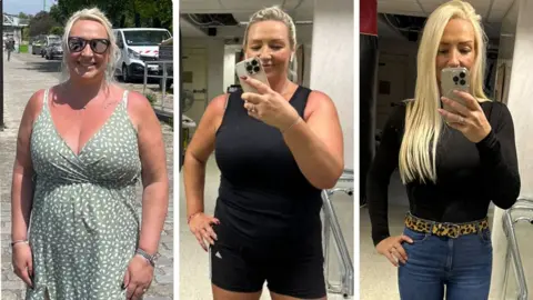 Ellen Three pics side by side of Ellen at different stages of her weight loss. In the far left pic she is bigger, with a green dress on, in the middle pic she is at the gym and in the final pic she is slim with a pair of blue jeans and a black top on