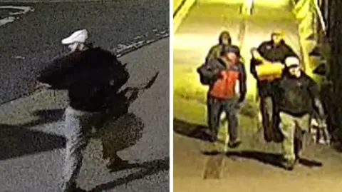Avon and Somerset Police Two CCTV images places side by side. One is a man in a dark jacket, grey trousers and white hat and carrying a bag. The second is a group of all four males in the street, they all have hats or their hoods up. All are carrying bags. 