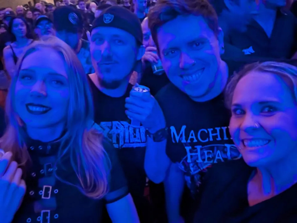 Sydney man Daniel and friends at a venue. 