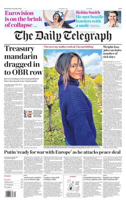"Treasury mandarin dragged into OBR row" reads the headline on the front page of The Daily Telegraph.