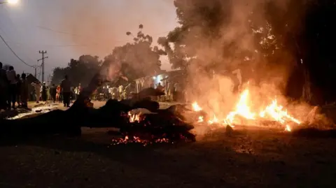 Michel Mvondo / BBC A large blaze near a tree that has fallen. 