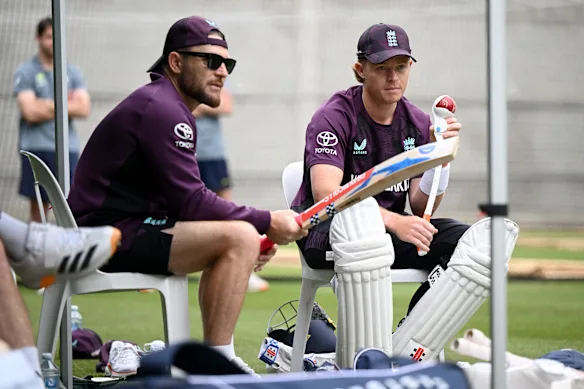 England coach Brendon McCullum talks to out-of-form No.3 Ollie Pope at training on Tuesday.
