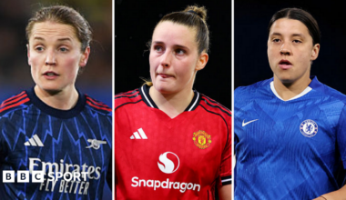 Kim Little, Ella Toone and Sam Kerr representing their clubs in Europe, each pictured separately in dark blue and black, red and blue shirts respectively