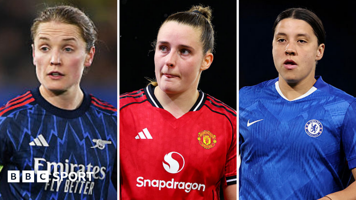 Kim Little, Ella Toone and Sam Kerr representing their clubs in Europe, each pictured separately in dark blue and black, red and blue shirts respectively