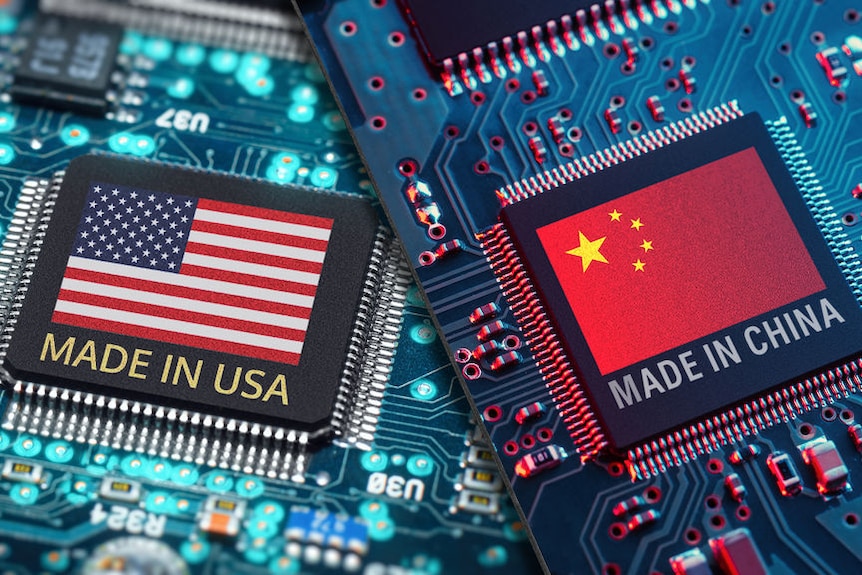 A composite of two computer chips, one marked "Made in USA" and the other "Made in China".