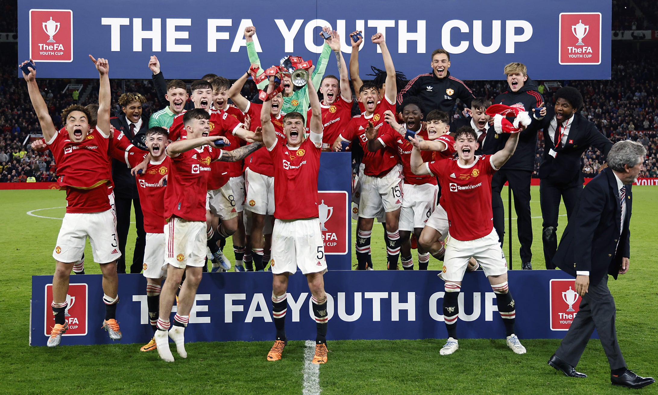 Rhys Bennett lifts the FA Youth Cup at Old Trafford in 2022 (Richard Sellers/PA)