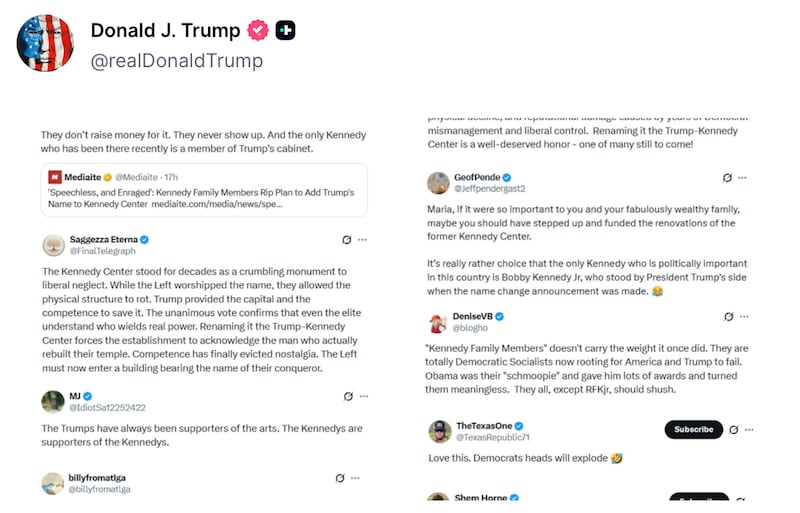 Donald Trump posts anti-Kennedy sentiment on Truth Social.