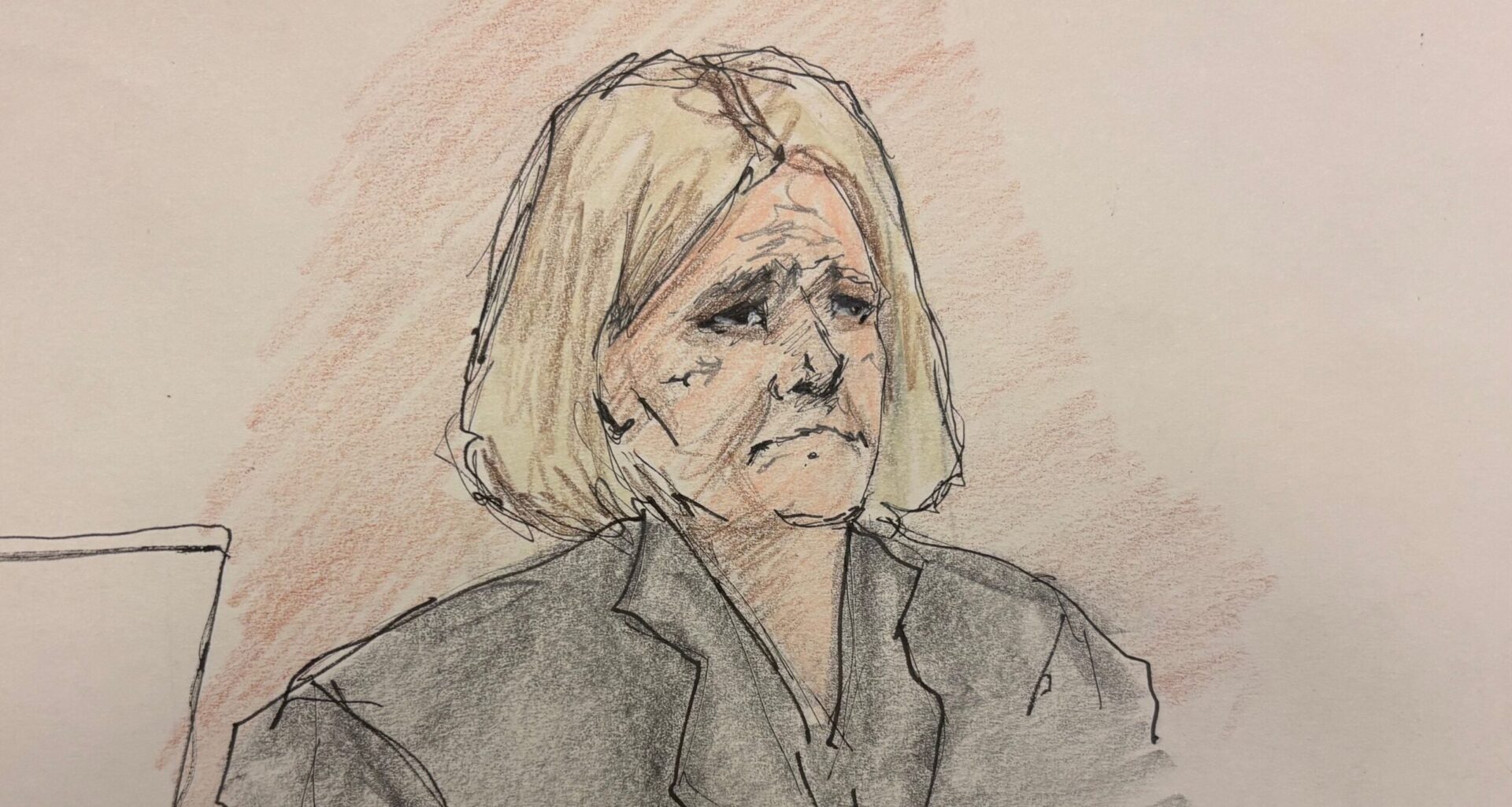 A courtroom sketch of a woman with short blonde hair wearing a dark blazer, looking serious.
