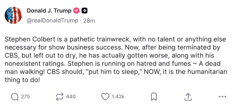 Donald Trump lays into Stephen Colbert again.