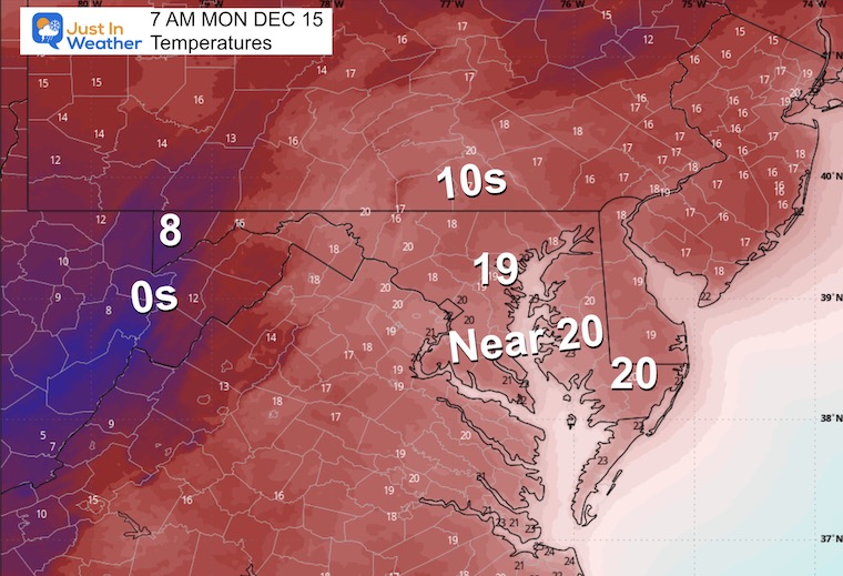 December 13 weather temperatures Monday morning