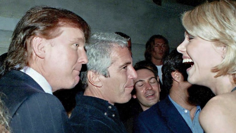 Trump and Epstein gaze at a laughing woman