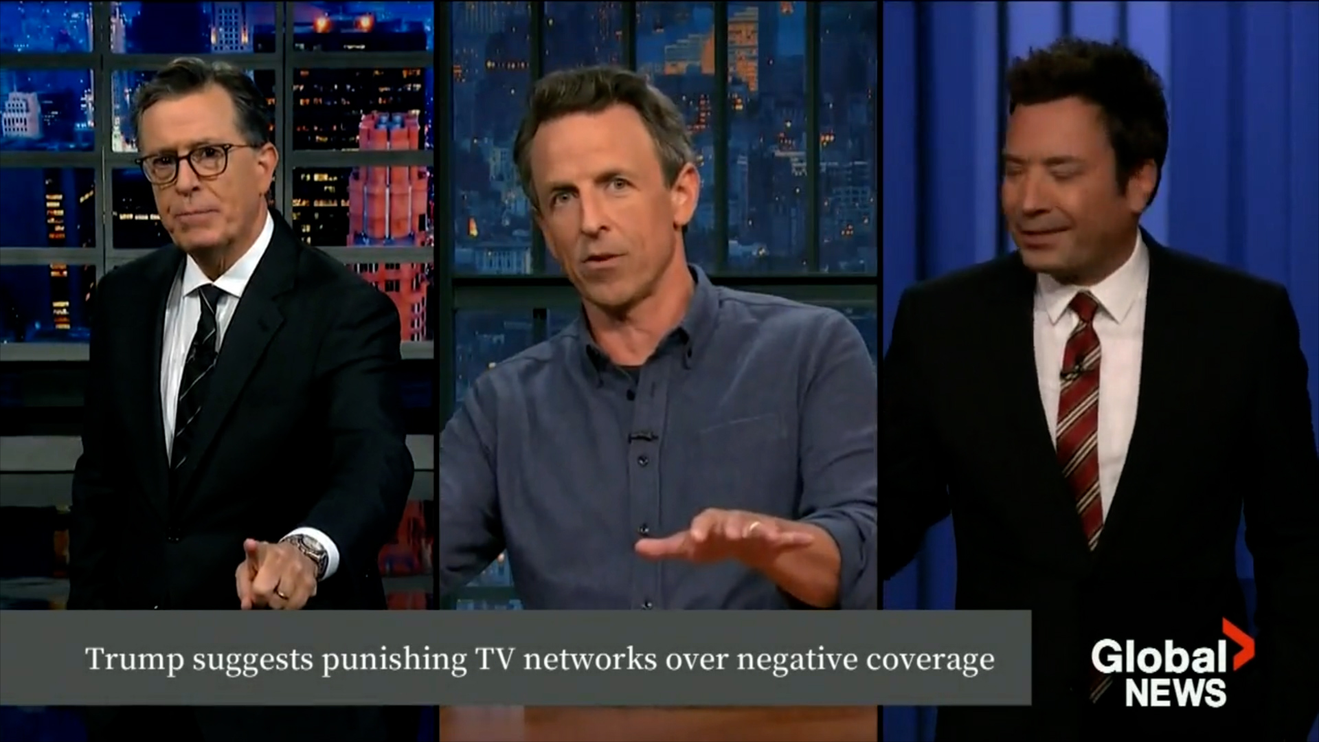 Click to play video: 'Late-night hosts mock U.S. government controlling their message'
