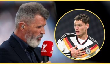 Roy Keane speaks into a microphone whilst Florian Wirtz looks surprised.