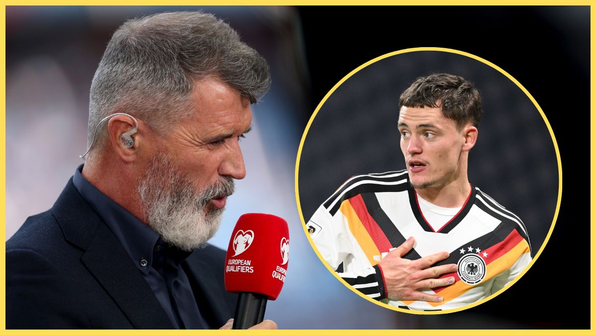 Roy Keane speaks into a microphone whilst Florian Wirtz looks surprised.