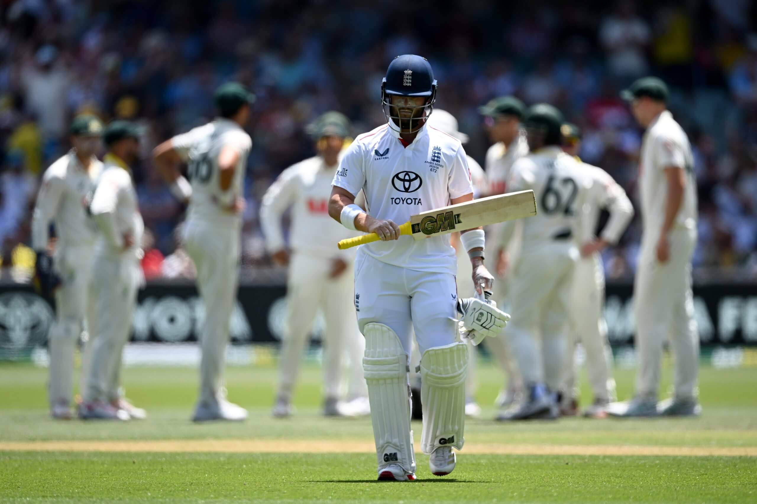 Ben Duckett departs the crease after being caught at slip for four in the second innings at Adelaide