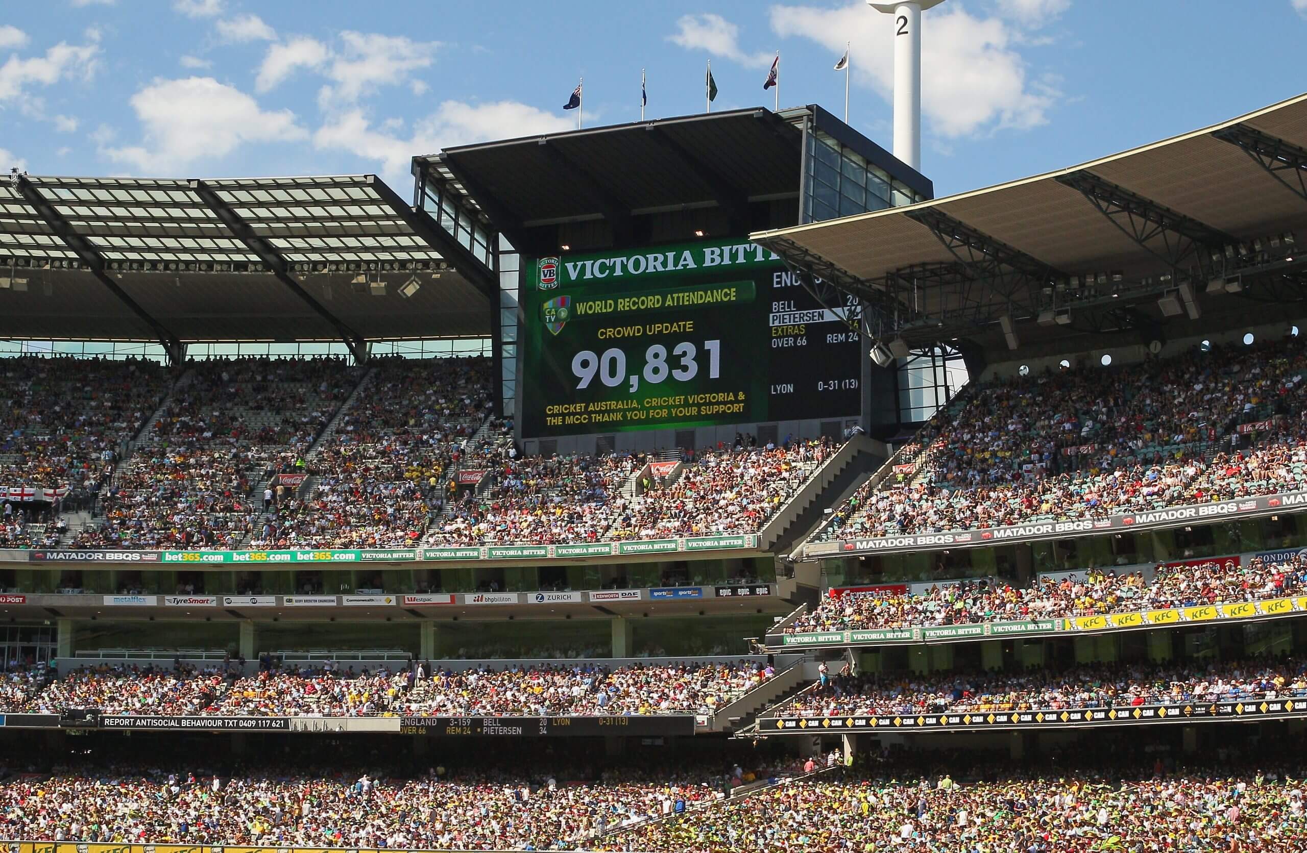 The big screen at the MCG flashes up a then record attendance of 90,831 at the Boxing Day Test of 2013 against England