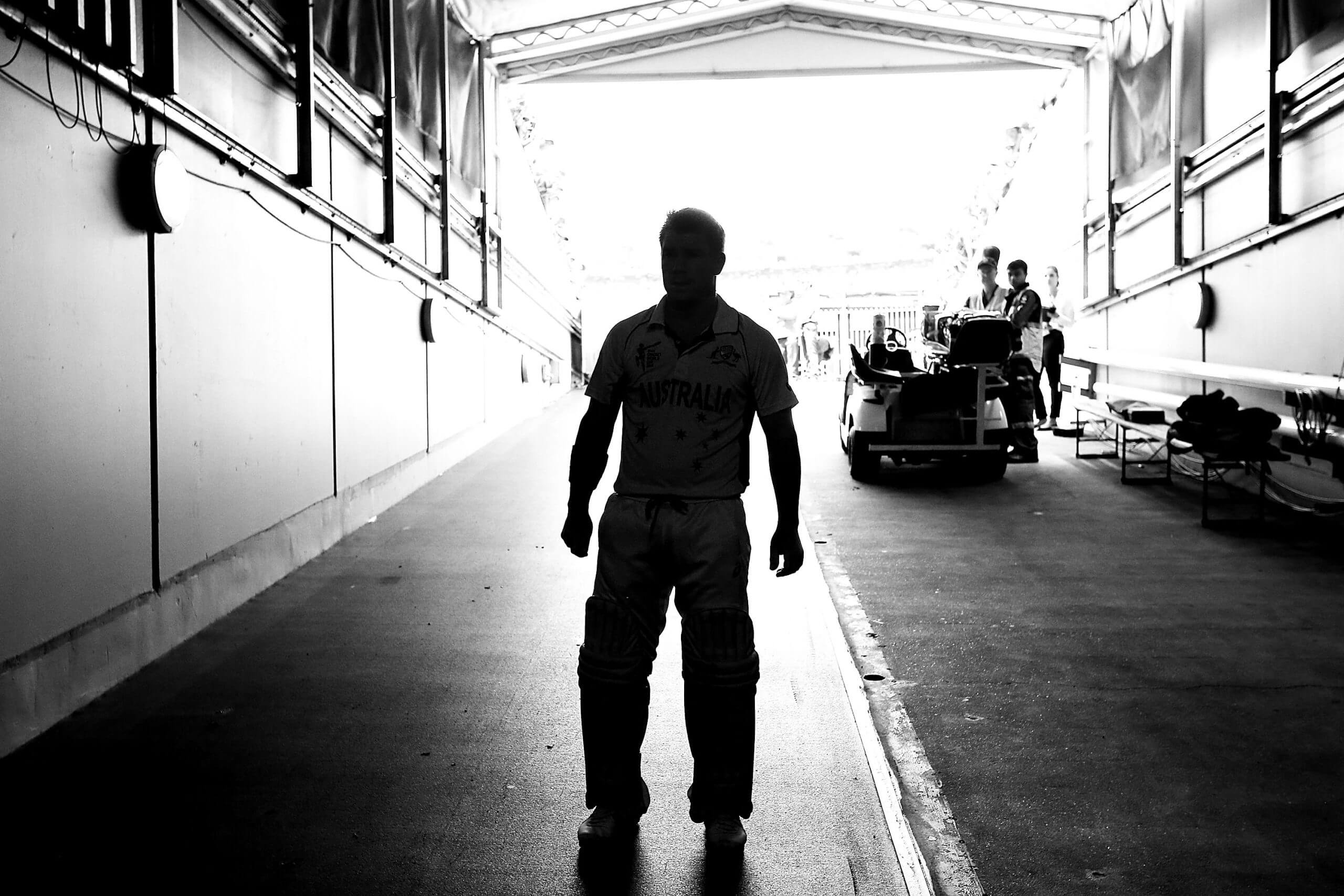 The former Australia opener David Warner silhouetted in the tunnel out to the pitch at the MCG in 2015