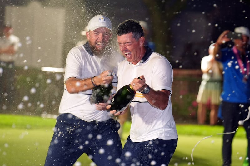 Rory McIlroy and Shane Lowry of Team Europe celebrate after winning the Ryder Cup. Photograph: Mike Egerton/PA