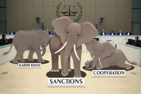 In the ICC courtroom in The Hague, before the judges, three elephants are depicted with an inscription in front of each one: ‘Karim Khan’, “Sanctions” and ‘Cooperation’.