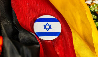 Israeli button on top of a German flag
