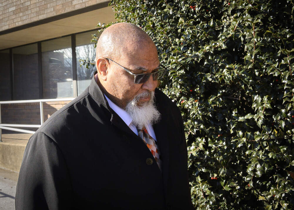 Cedric Lodge, former morgue manager at Harvard Medical School, leaves the courthouse after a sentencing hearing in Williamsport, Pa. on Tuesday, Dec. 16, 2025. (Ralph Wilson for WBUR)