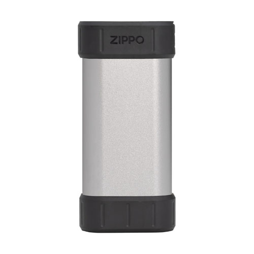 A Zippo HeatBank 6 Pro rechargeable hand warmer, a grey and black object, against a white background.