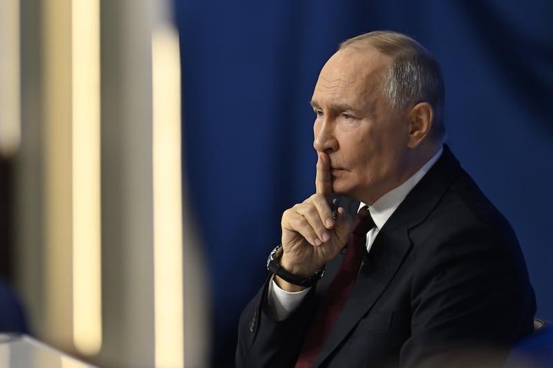 Russia's President Vladimir Putin attends annual special televised question-and-answer session and year-end news conference scheduled to take place at the Gostiny Dvor trade and exhibition centre in Russia, Moscow on December 19, 2025.