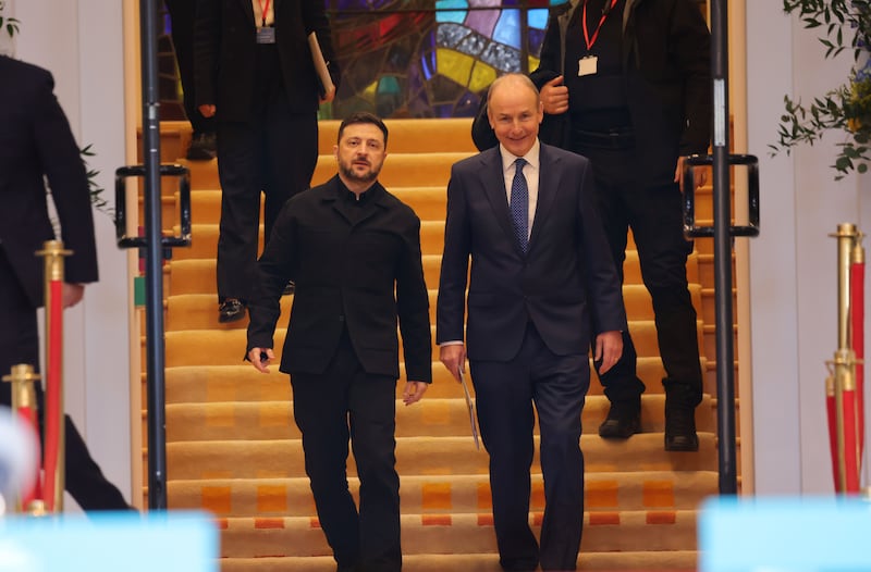 Zelenskiy and Martin at Government Buildings on Tuesday. Photograph: Alan Betson