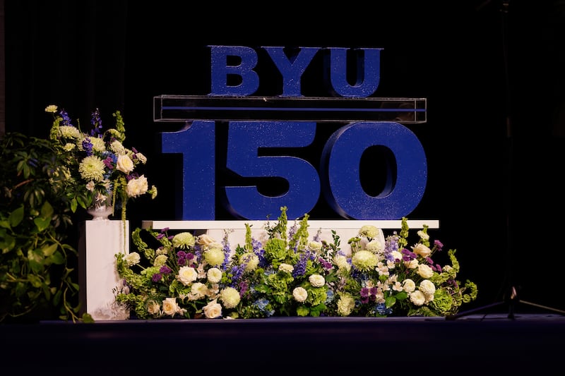 A sign recognizes BYU's 150th anniversary. BYU President C. Shane Reese outlined a few of the upcoming events celebrating the milestone during his remarks as part of 2025 University Conference on Monday, Aug. 25, 2025.