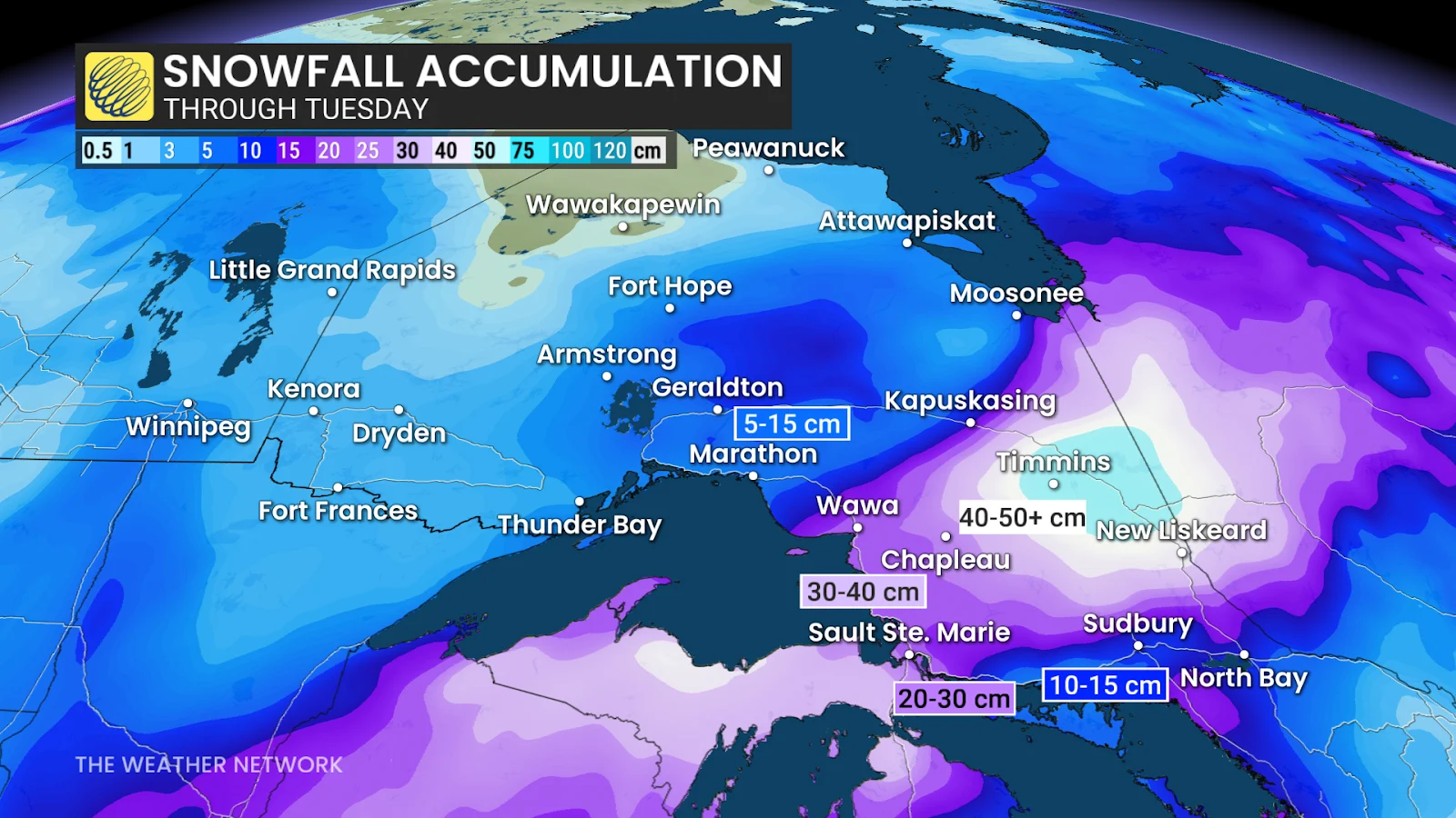 Ontario snowfall accumulation through Tuesday